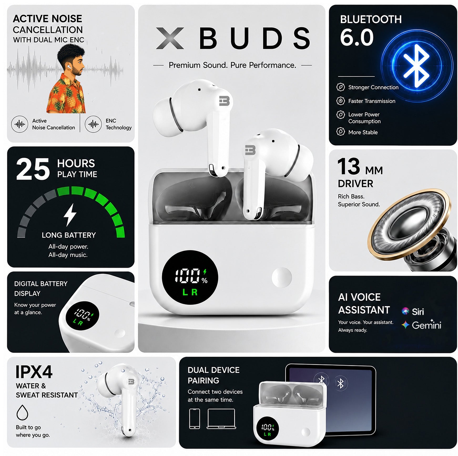 Hybott XBuds Bluetooth 6.0 LED display earbuds