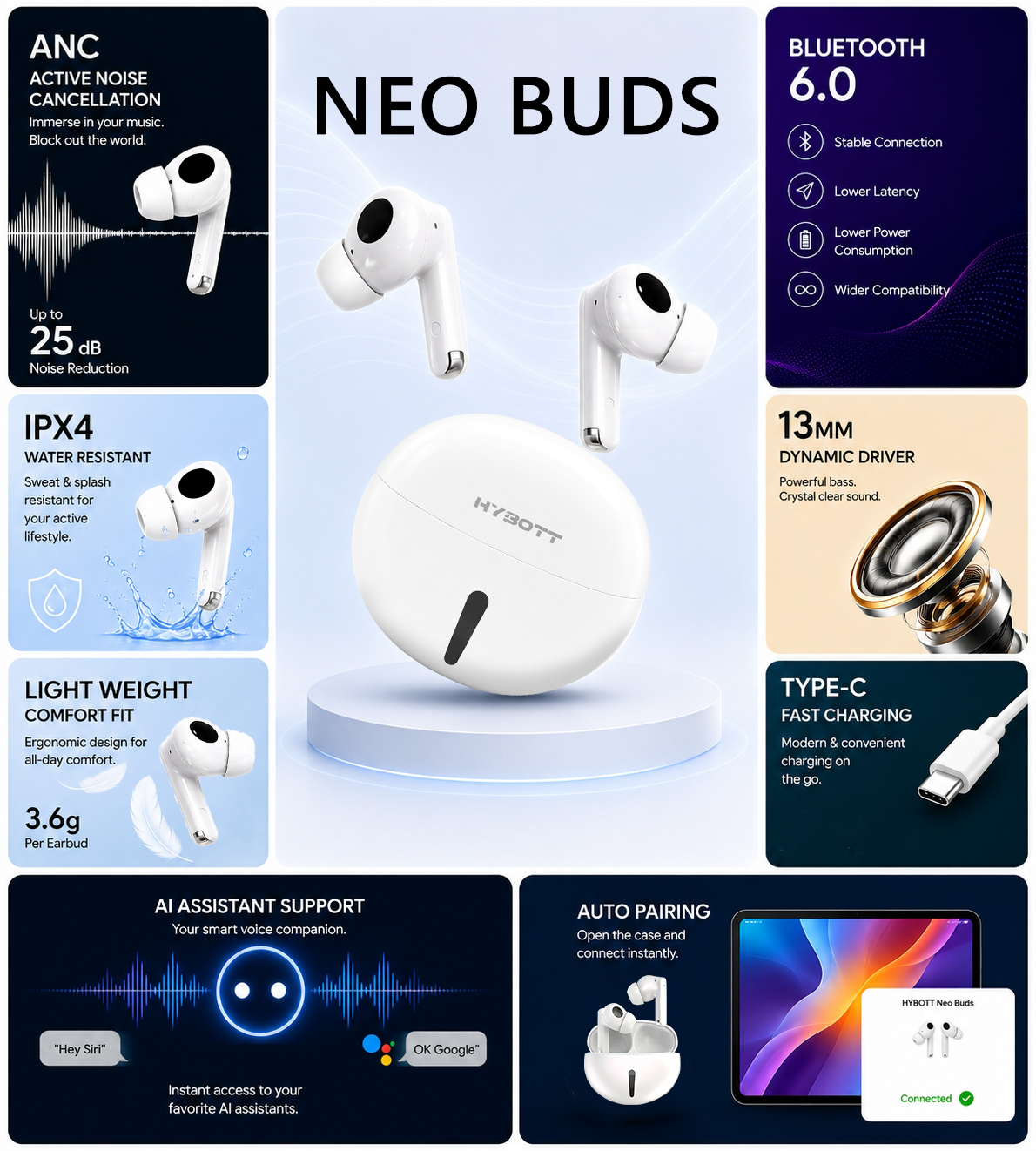 Hybott Neo Buds Bluetooth 6.0 earbuds features