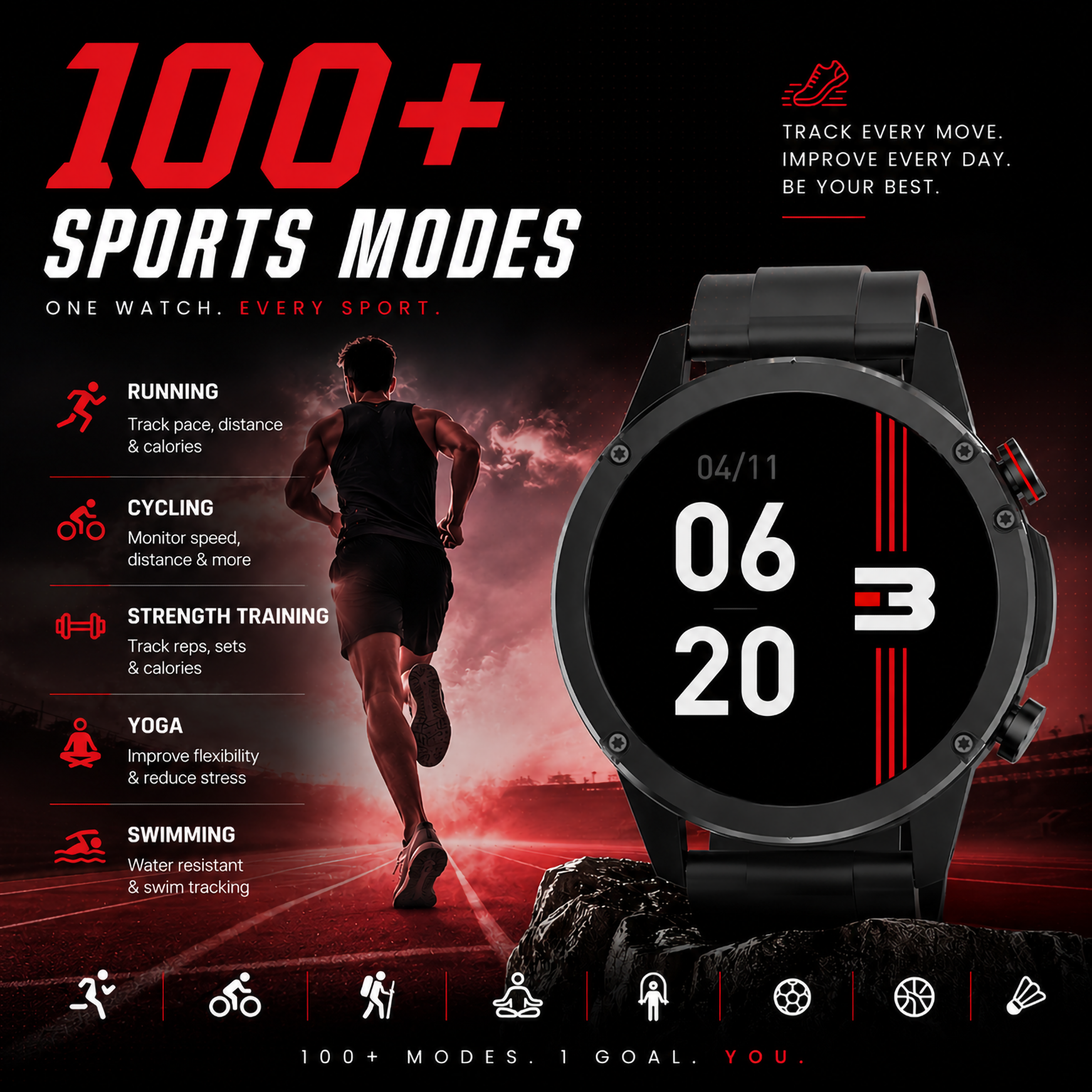 Hybott Watch R1 100+ sports modes fitness tracking
